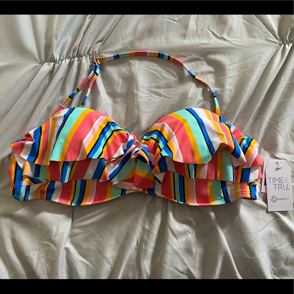 Time & Tru Striped Ruffle Bandeau Bikini Top XL
